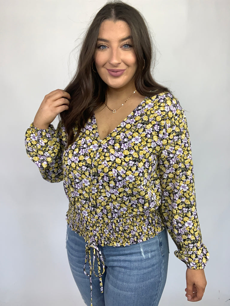 Honey Honey Floral Smocked Blouse in Black-120 Long Sleeve Tops-Timber Brooke Boutique, Online Women's Fashion Boutique in Amarillo, Texas