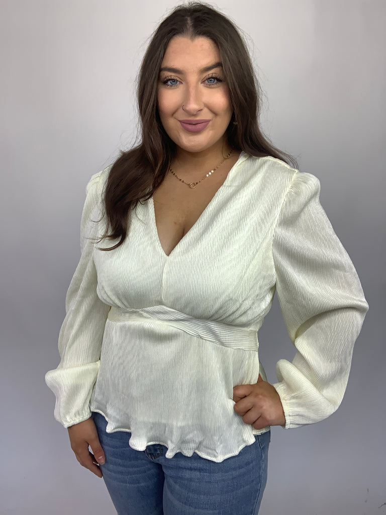 Xanidu Long Sleeve V Neck Blouse in White-120 Long Sleeve Tops-Timber Brooke Boutique, Online Women's Fashion Boutique in Amarillo, Texas
