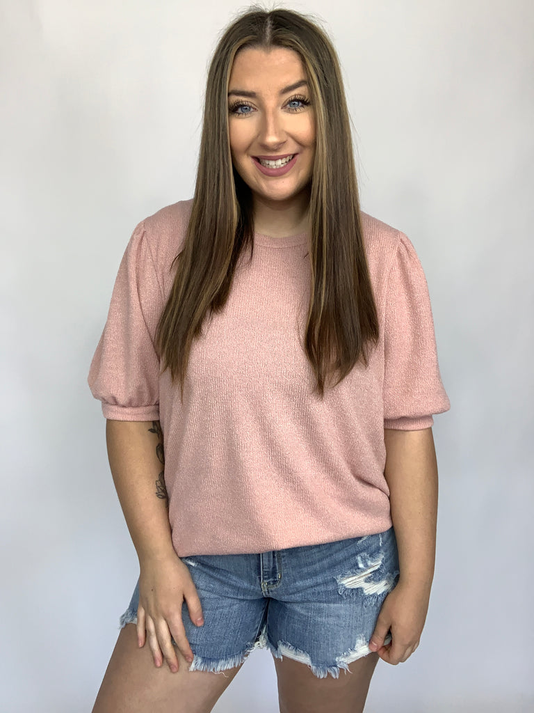 Baby Pink Puff Sleeve Two Tone Sweater Top-Short Sleeve Top-Timber Brooke Boutique, Online Women's Fashion Boutique in Amarillo, Texas