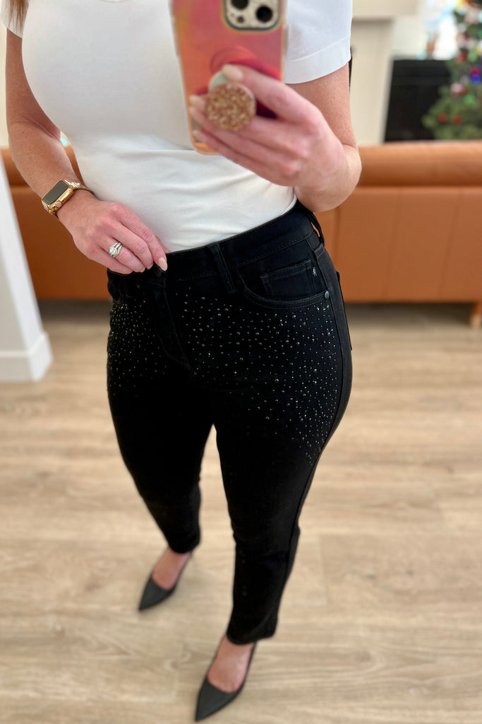 Reese Rhinestone Slim Fit Jeans in Black-Womens-Timber Brooke Boutique, Online Women's Fashion Boutique in Amarillo, Texas