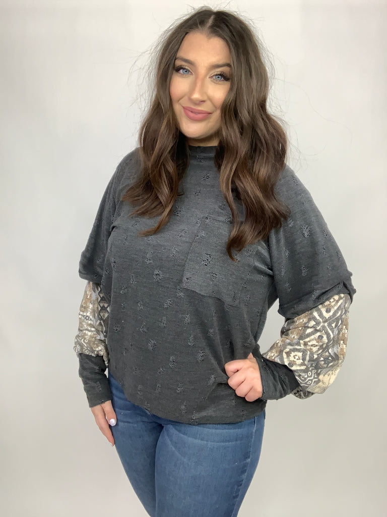 Grey Distressed Twofer Ethnic Thumbhole Top-Long Sleeve Tops-Timber Brooke Boutique, Online Women's Fashion Boutique in Amarillo, Texas