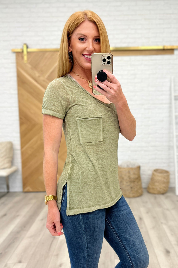 Melange Burnout V-Neck T-Shirt in Light Olive-Womens-Timber Brooke Boutique, Online Women's Fashion Boutique in Amarillo, Texas