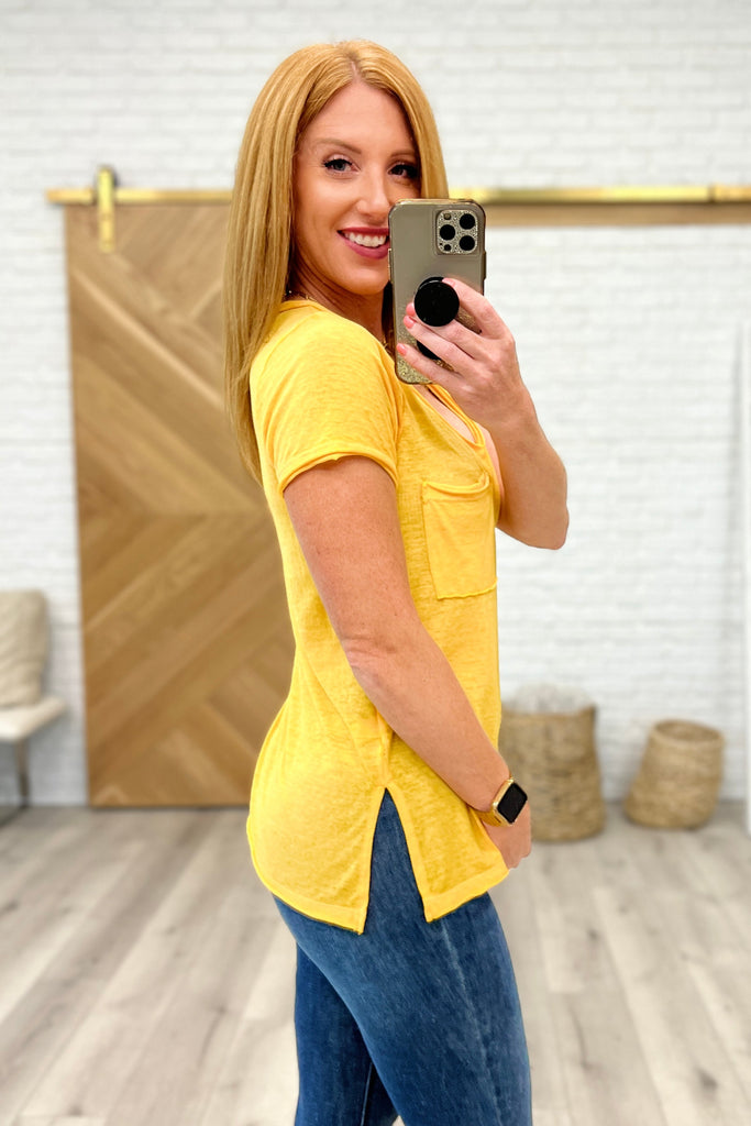 Melange Burnout V-Neck T-Shirt in Yellow Gold-Womens-Timber Brooke Boutique, Online Women's Fashion Boutique in Amarillo, Texas