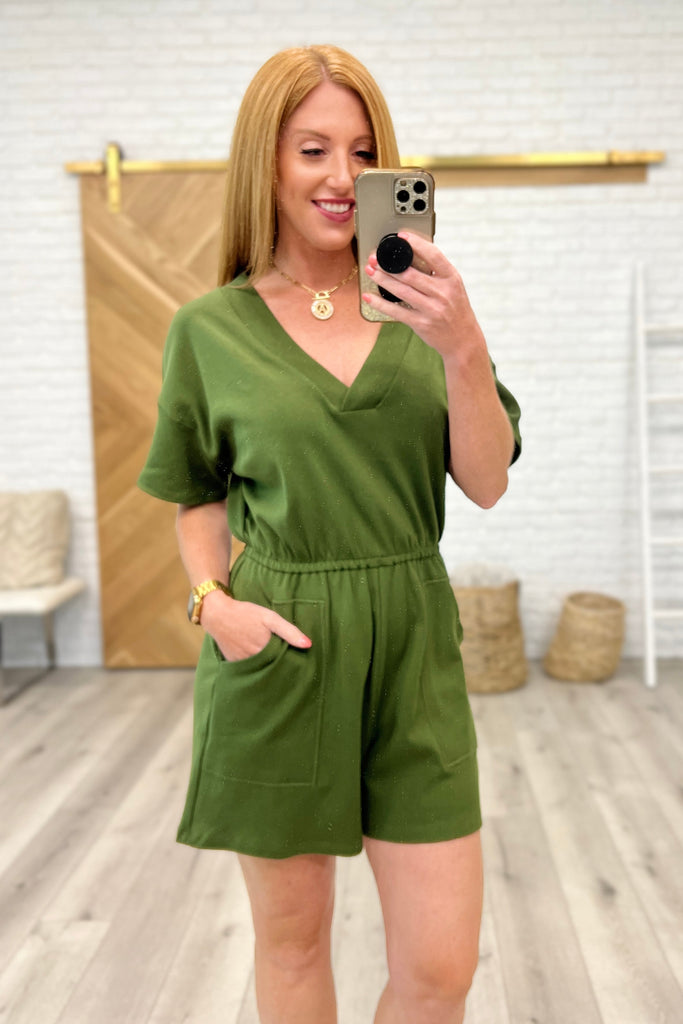 Short Sleeve V-Neck Romper in Army Green-Womens-Timber Brooke Boutique, Online Women's Fashion Boutique in Amarillo, Texas