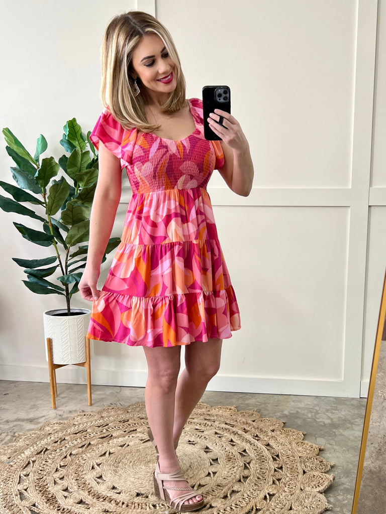 Smocked Midi Dress In Bright Disco Days-Timber Brooke Boutique, Online Women's Fashion Boutique in Amarillo, Texas