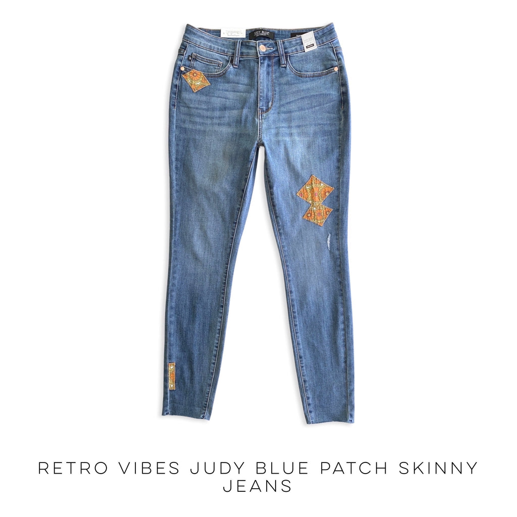 Retro Vibes Judy Blue Patch Skinny Jeans-judy blue-Timber Brooke Boutique, Online Women's Fashion Boutique in Amarillo, Texas
