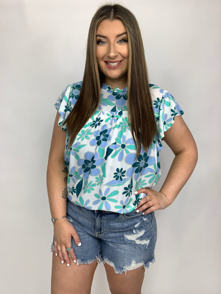 Possibly Maybe Floral Mock Neck Blouse-Short Sleeve Top-Timber Brooke Boutique, Online Women's Fashion Boutique in Amarillo, Texas