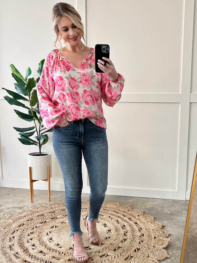 Silky V Neck Blouse In Champagne Pink Florals-Timber Brooke Boutique, Online Women's Fashion Boutique in Amarillo, Texas