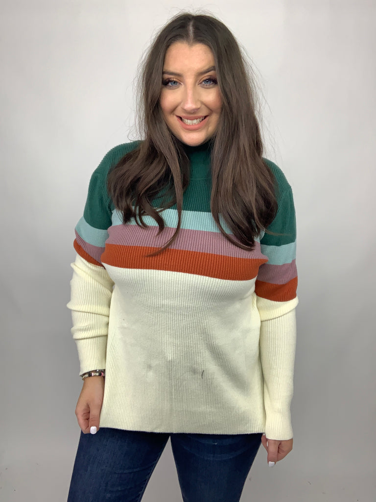 Striped Mock Neck Sweater in Cream, Green, Purple & Rust-Long Sleeve Tops-Timber Brooke Boutique, Online Women's Fashion Boutique in Amarillo, Texas