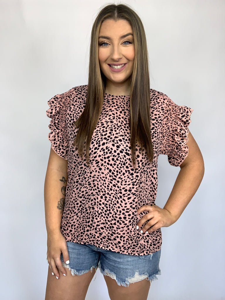 Blush Leopard Print Smoked Ruffle Button Keyhole Blouse-Short Sleeve Top-Timber Brooke Boutique, Online Women's Fashion Boutique in Amarillo, Texas