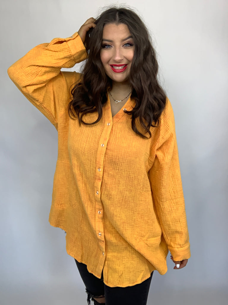 Corey Button Up Top in Tangerine-Long Sleeve Tops-Timber Brooke Boutique, Online Women's Fashion Boutique in Amarillo, Texas