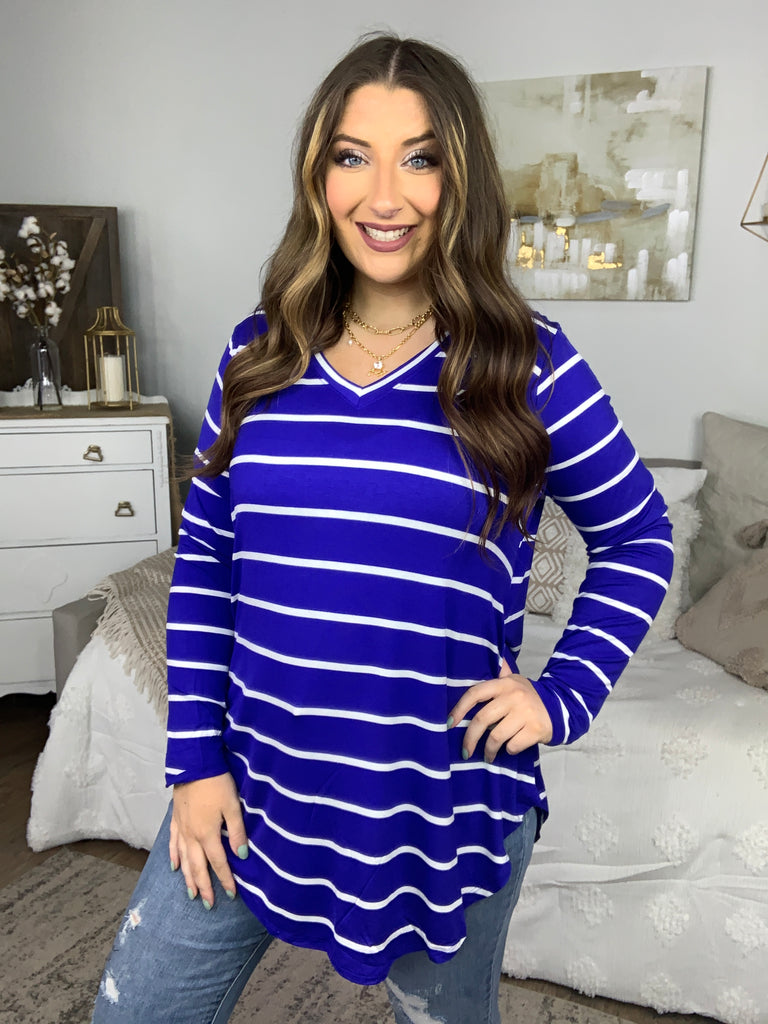 DOORBUSTER! Striped V-Neck Dolphin Hem Top-Long Sleeve Tops-Timber Brooke Boutique, Online Women's Fashion Boutique in Amarillo, Texas