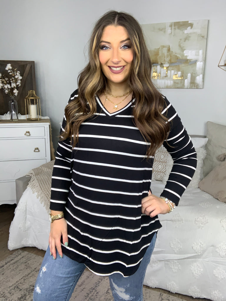 DOORBUSTER! Striped V-Neck Dolphin Hem Top-Long Sleeve Tops-Timber Brooke Boutique, Online Women's Fashion Boutique in Amarillo, Texas