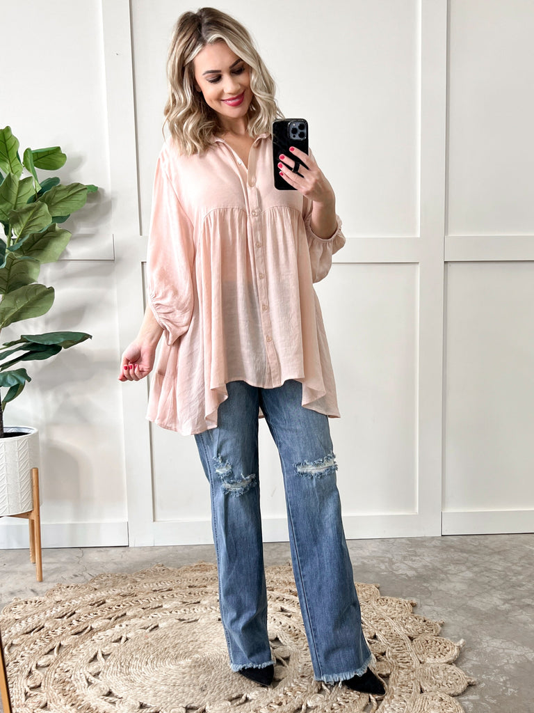 Tiered Bohemian Button Down Blouse In Soft Blush-Short Sleeve Top-Timber Brooke Boutique, Online Women's Fashion Boutique in Amarillo, Texas