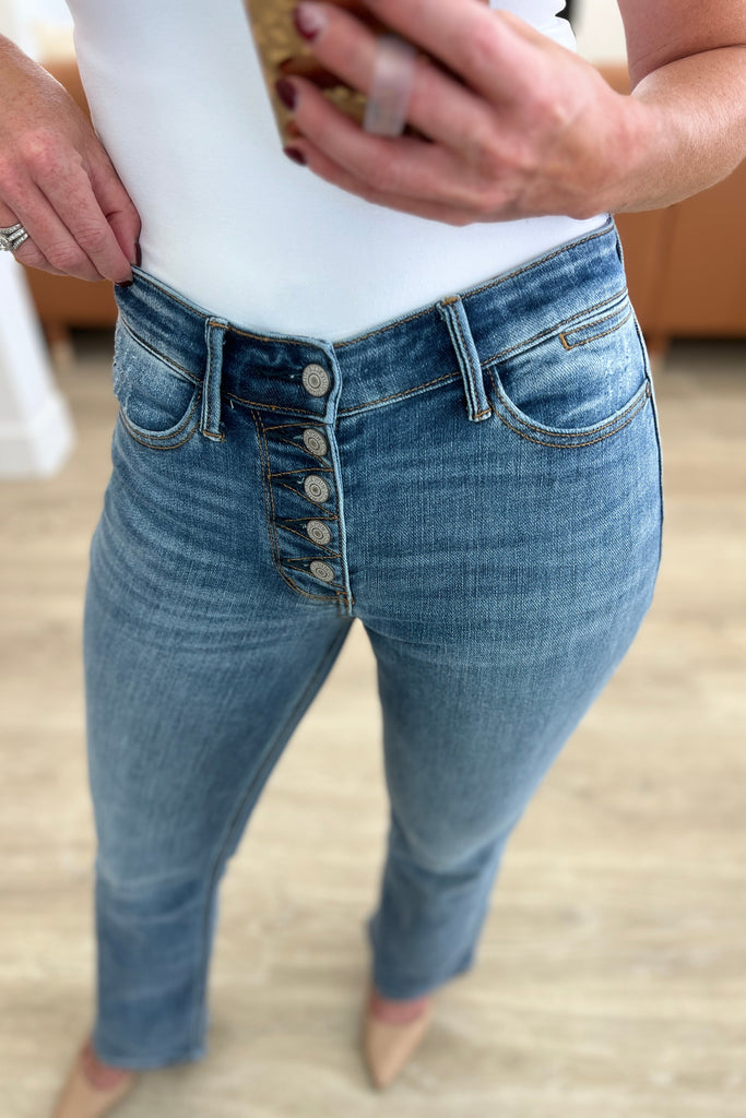 Matilda Mid Rise Vintage Button Fly Bootcut Jeans-Womens-Timber Brooke Boutique, Online Women's Fashion Boutique in Amarillo, Texas