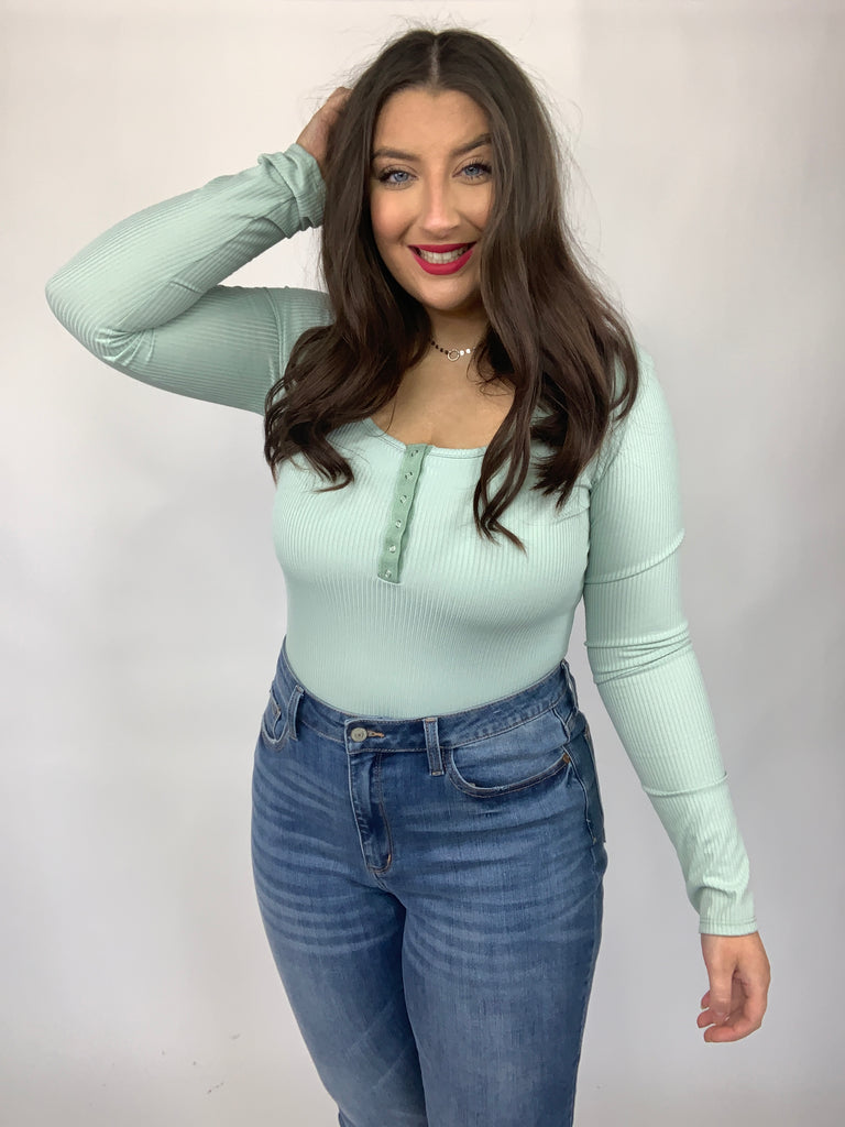 Count On Me Ribbed Bodysuit in Sage-Long Sleeve Tops-Timber Brooke Boutique, Online Women's Fashion Boutique in Amarillo, Texas