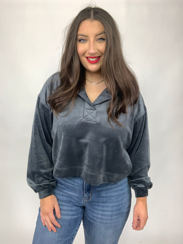 Velvet Icon Hoodie In Grey Blue-Sweaters-Timber Brooke Boutique, Online Women's Fashion Boutique in Amarillo, Texas