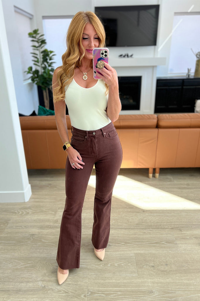Sienna High Rise Control Top Flare Jeans in Espresso-Womens-Timber Brooke Boutique, Online Women's Fashion Boutique in Amarillo, Texas