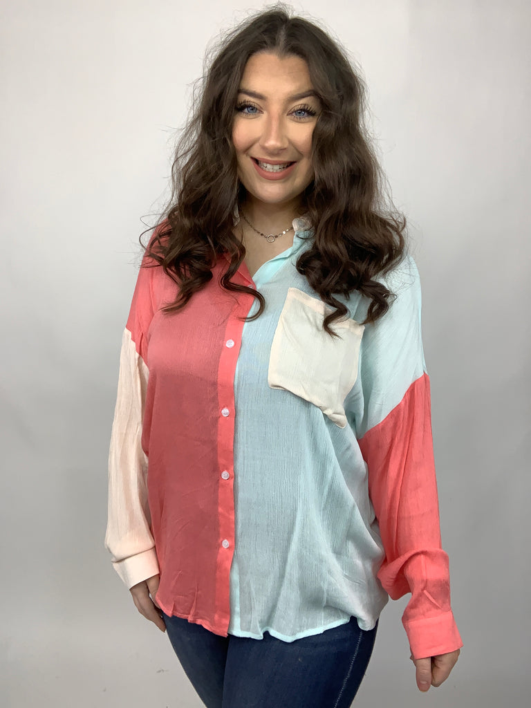 Capture The Day Two Toned Button Up-Long Sleeve Tops-Timber Brooke Boutique, Online Women's Fashion Boutique in Amarillo, Texas