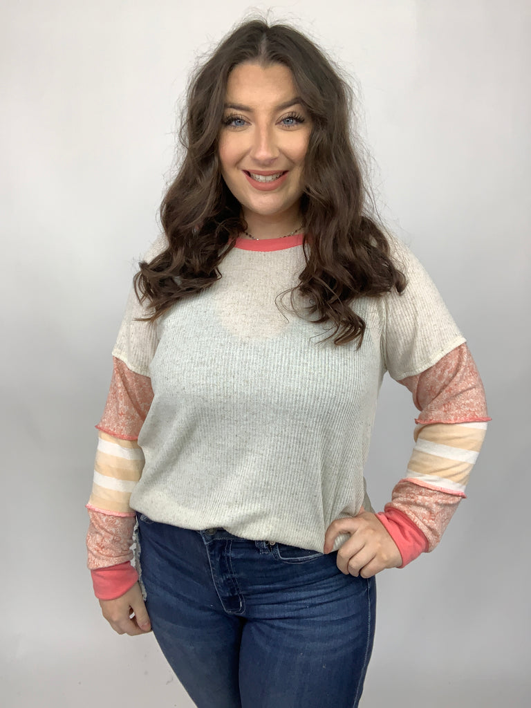 Oatmeal & Coral Slub Rib Floral Color Block Raglan Top-Long Sleeve Tops-Timber Brooke Boutique, Online Women's Fashion Boutique in Amarillo, Texas