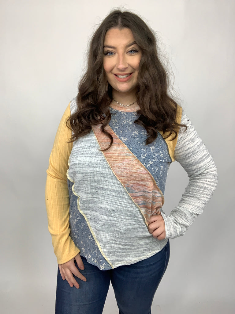 Floral Color Block Rib Terry Out Seam Stitch Detail Pullover-Long Sleeve Tops-Timber Brooke Boutique, Online Women's Fashion Boutique in Amarillo, Texas