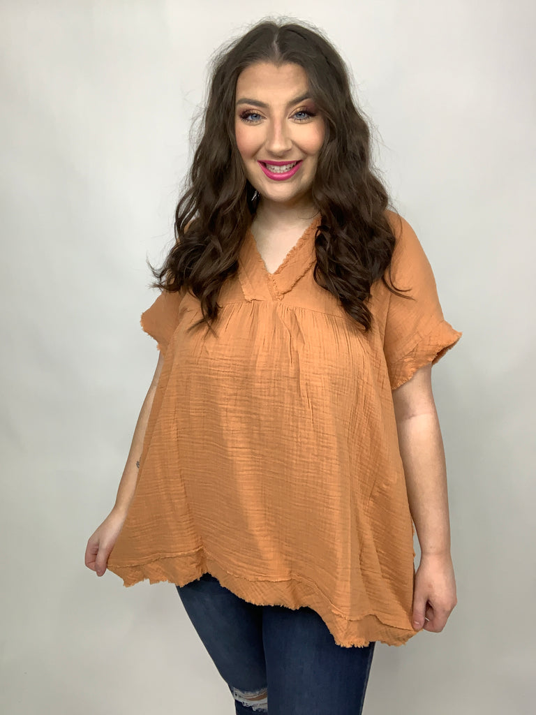 Butter Cotton Banded V Neck Frayed Pocketed Top-Short Sleeve Top-Timber Brooke Boutique, Online Women's Fashion Boutique in Amarillo, Texas
