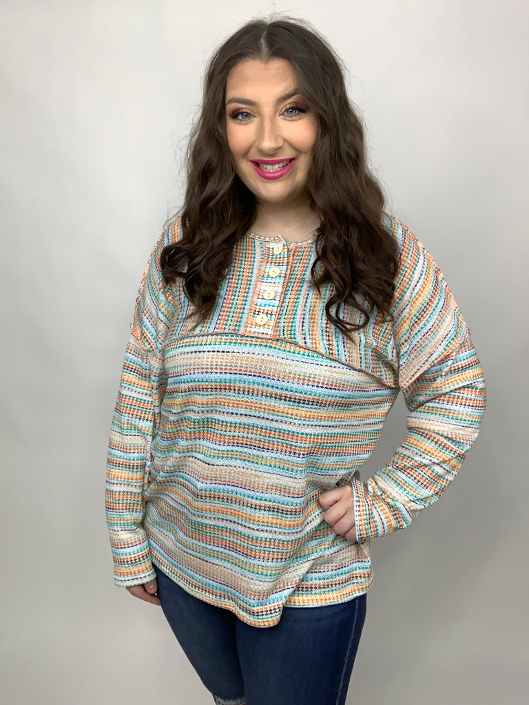 Orange & Teal Textured Stripe Vintage Button Placard Top-Long Sleeve Tops-Timber Brooke Boutique, Online Women's Fashion Boutique in Amarillo, Texas