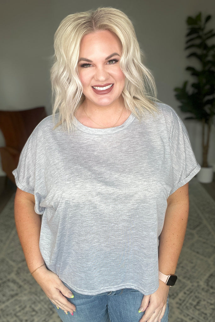 Round Neck Cuffed Sleeve Top in Heather Grey-Womens-Timber Brooke Boutique, Online Women's Fashion Boutique in Amarillo, Texas