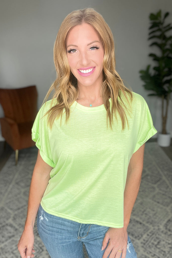 Round Neck Cuffed Sleeve Top in Lime-Womens-Timber Brooke Boutique, Online Women's Fashion Boutique in Amarillo, Texas