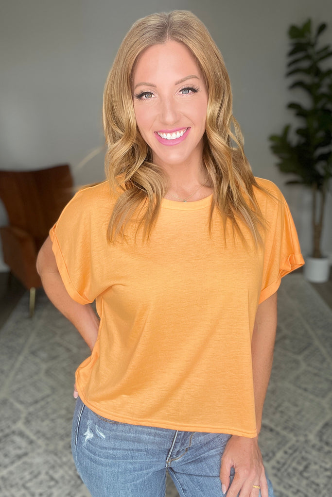 Round Neck Cuffed Sleeve Top in Neon Orange-Womens-Timber Brooke Boutique, Online Women's Fashion Boutique in Amarillo, Texas