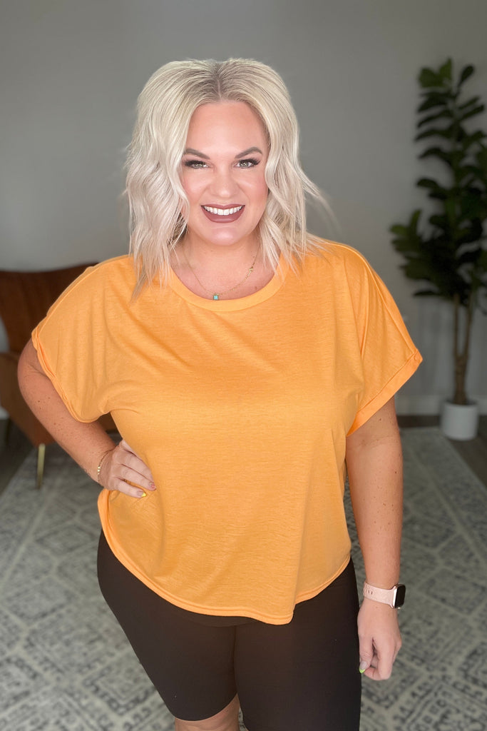 Round Neck Cuffed Sleeve Top in Neon Orange-Womens-Timber Brooke Boutique, Online Women's Fashion Boutique in Amarillo, Texas