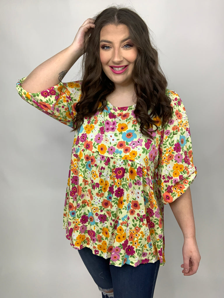 Daffodil Square Neck Peplum Floral Challis Woven Top-Short Sleeve Top-Timber Brooke Boutique, Online Women's Fashion Boutique in Amarillo, Texas