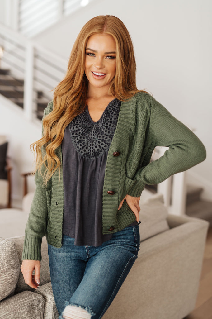 Climbing Vine Cable Knit Cardigan in Green-Womens-Timber Brooke Boutique, Online Women's Fashion Boutique in Amarillo, Texas