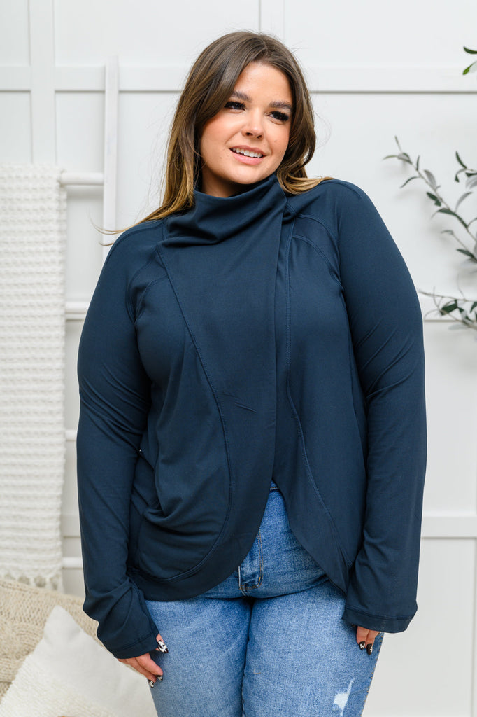 Doorbuster: Janie Asymmetric Cowl Neck Jacket In Navy-Womens-Timber Brooke Boutique, Online Women's Fashion Boutique in Amarillo, Texas