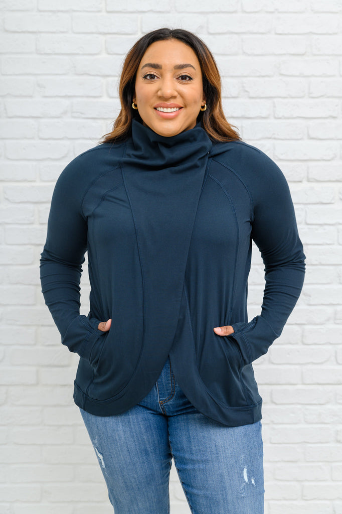 Doorbuster: Janie Asymmetric Cowl Neck Jacket In Navy-Womens-Timber Brooke Boutique, Online Women's Fashion Boutique in Amarillo, Texas