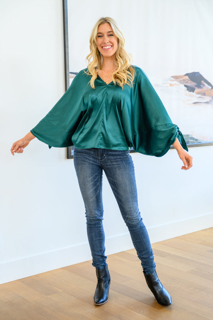 Jaz Dolman Tie Sleeve Blouse in Green-Womens-Timber Brooke Boutique, Online Women's Fashion Boutique in Amarillo, Texas