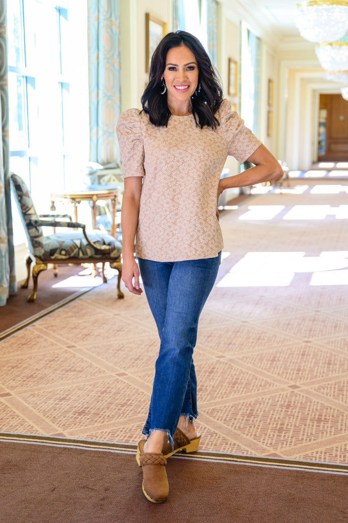 Kelsi Jacquard Puff Sleeve Top In Tan-Womens-Timber Brooke Boutique, Online Women's Fashion Boutique in Amarillo, Texas