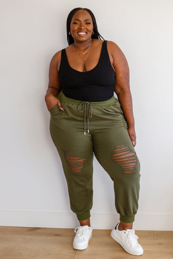 Kick Back Distressed Joggers in Olive-Leggings-Timber Brooke Boutique, Online Women's Fashion Boutique in Amarillo, Texas