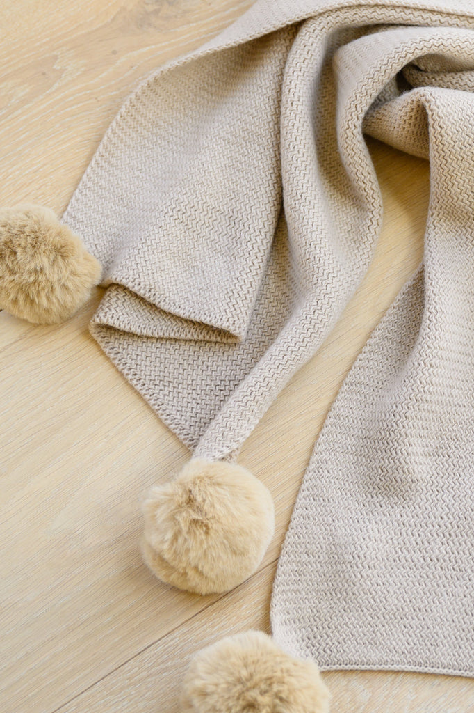 Knitted Fuzzy Pom Pom Scarf In Beige-250 Accessories-Timber Brooke Boutique, Online Women's Fashion Boutique in Amarillo, Texas