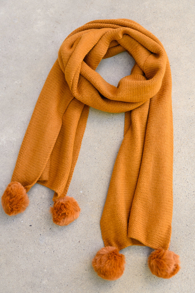 Knitted Fuzzy Pom Pom Scarf In Ginger-Womens-Timber Brooke Boutique, Online Women's Fashion Boutique in Amarillo, Texas