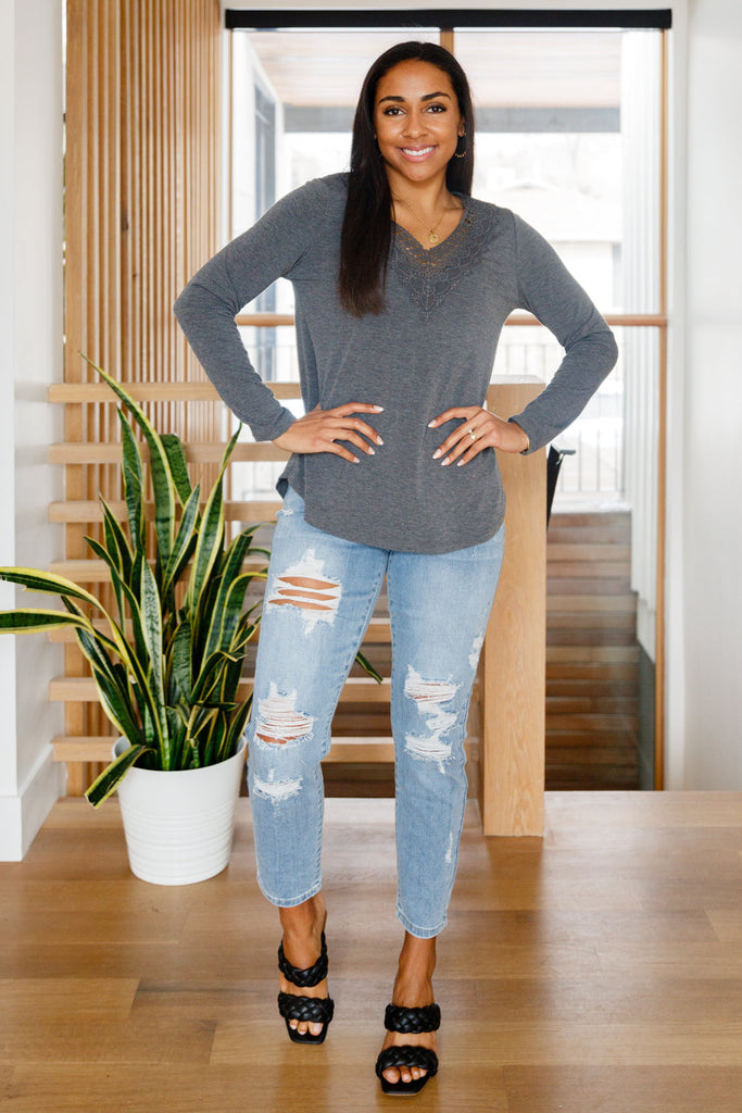 Lacey Long Sleeve V Neck In Gray-Womens-Timber Brooke Boutique, Online Women's Fashion Boutique in Amarillo, Texas