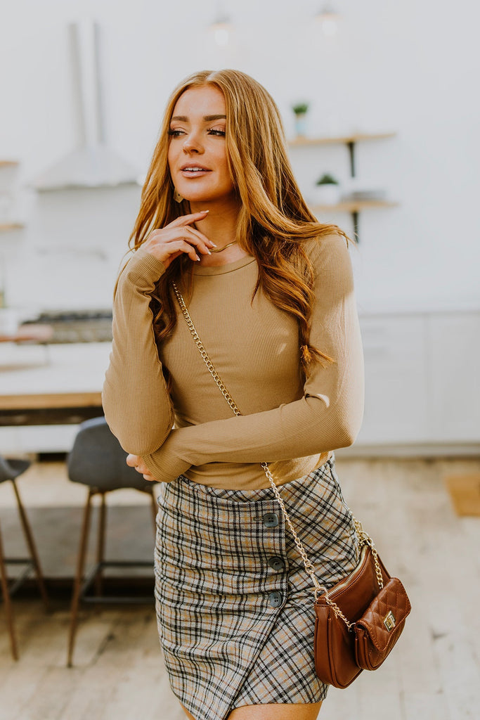 Hold Me Tight Ribbed Long Sleeve Top In Tan-Long Sleeve Tops-Timber Brooke Boutique, Online Women's Fashion Boutique in Amarillo, Texas