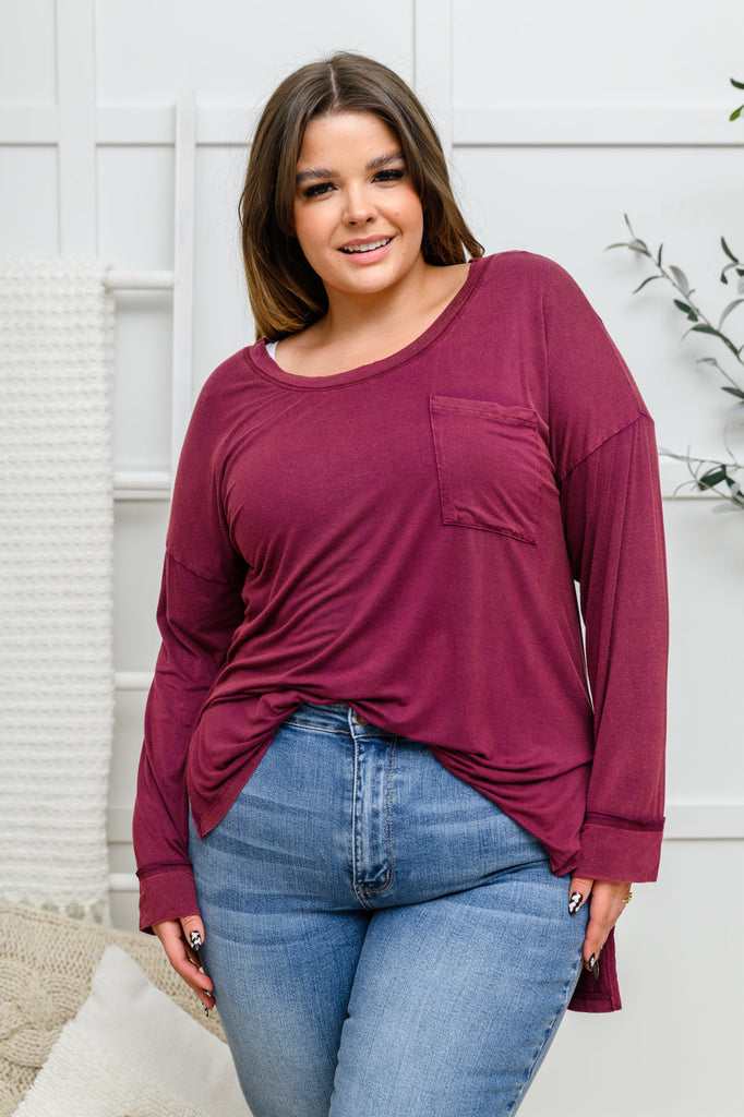 Doorbuster: Long Sleeve Knit Top With Pocket In Burgundy-Womens-Timber Brooke Boutique, Online Women's Fashion Boutique in Amarillo, Texas