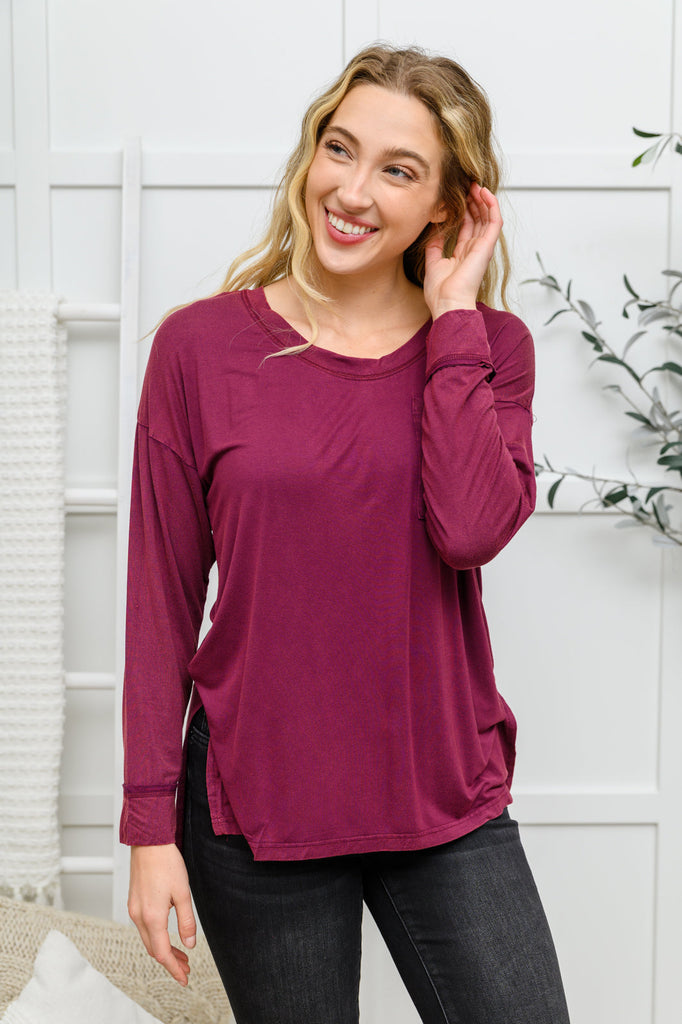 Doorbuster: Long Sleeve Knit Top With Pocket In Burgundy-Womens-Timber Brooke Boutique, Online Women's Fashion Boutique in Amarillo, Texas