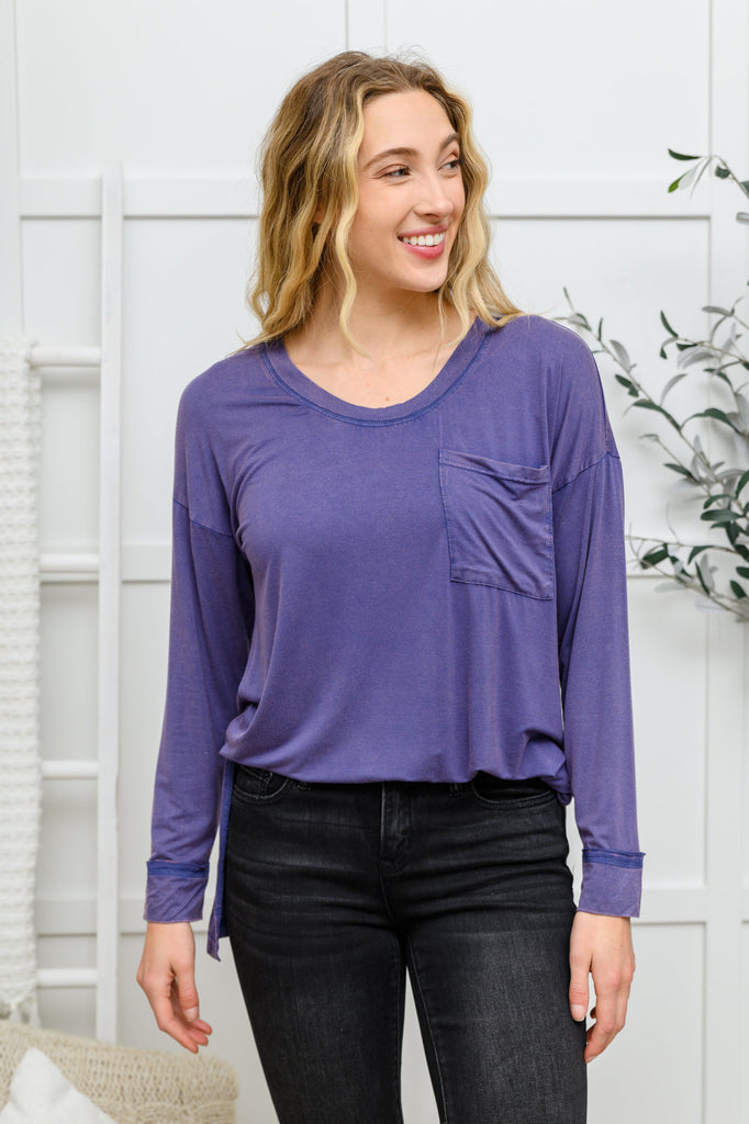 Doorbuster: Long Sleeve Knit Top With Pocket In Denim Blue-Womens-Timber Brooke Boutique, Online Women's Fashion Boutique in Amarillo, Texas
