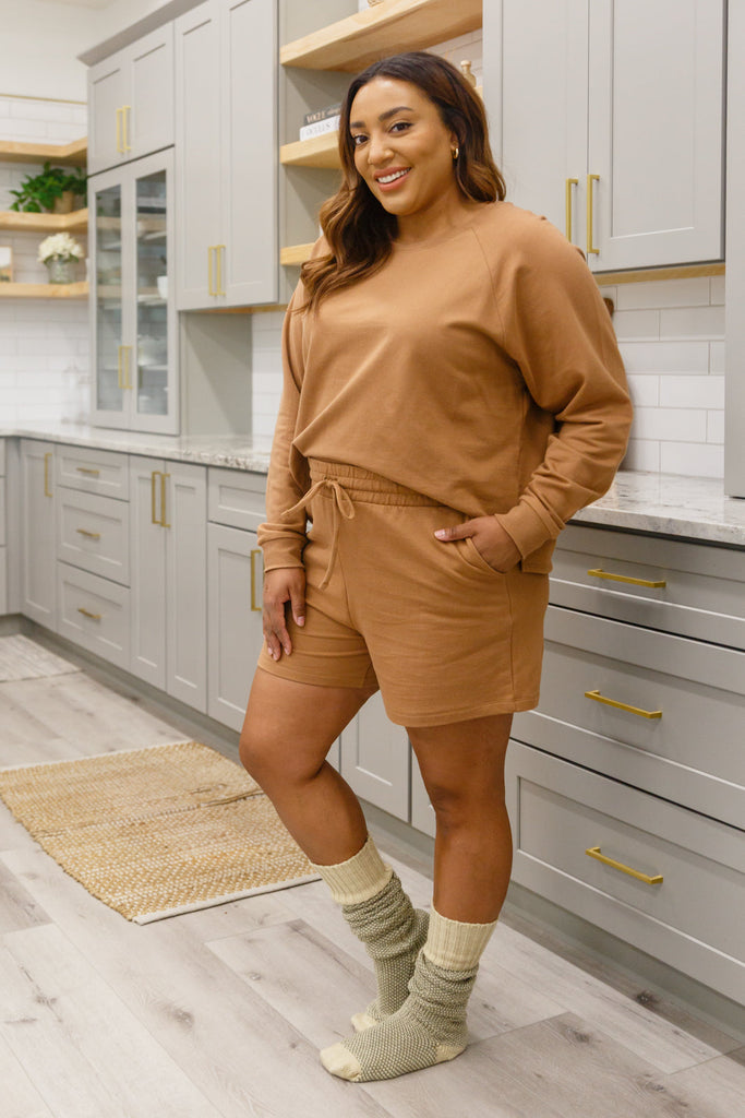 Doorbuster: Long Sleeve Sweatshirt Top & Shorts Set In Camel-Womens-Timber Brooke Boutique, Online Women's Fashion Boutique in Amarillo, Texas