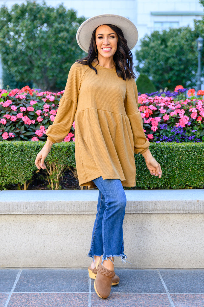 Melrose Ribbed Knit Raglan Tunic In Mustard-Womens-Timber Brooke Boutique, Online Women's Fashion Boutique in Amarillo, Texas
