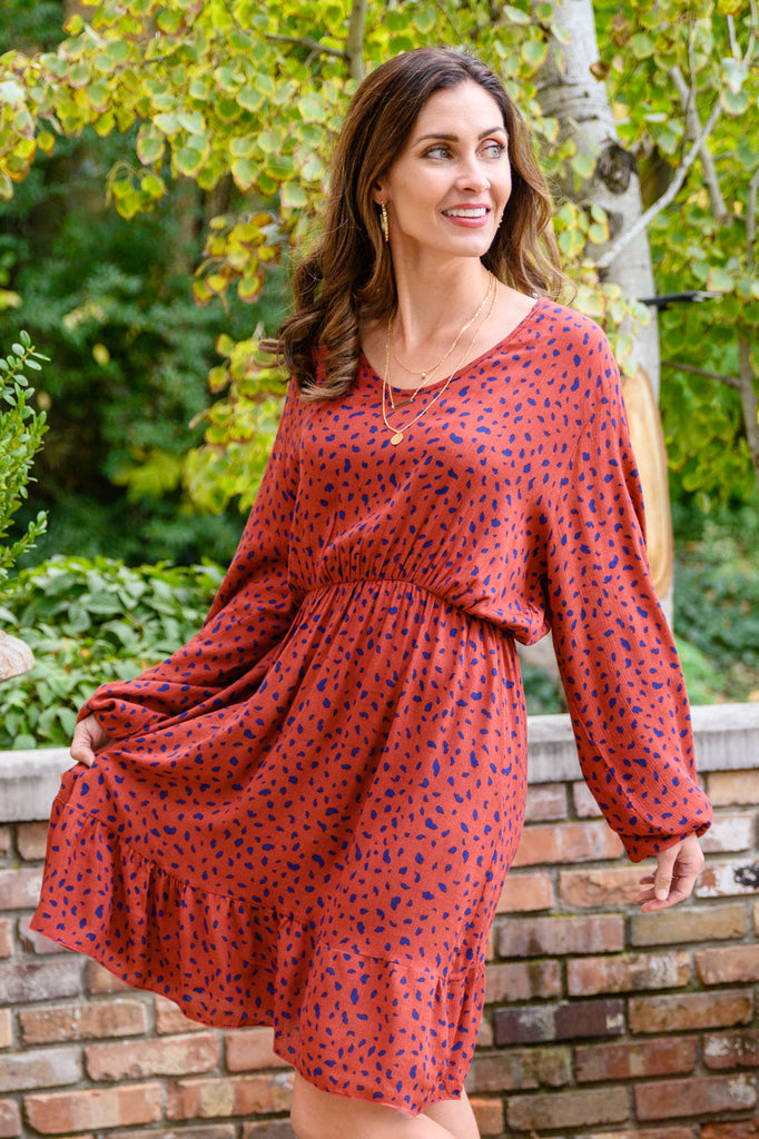 Most Genuine Spotted Dress In Rust-Womens-Timber Brooke Boutique, Online Women's Fashion Boutique in Amarillo, Texas