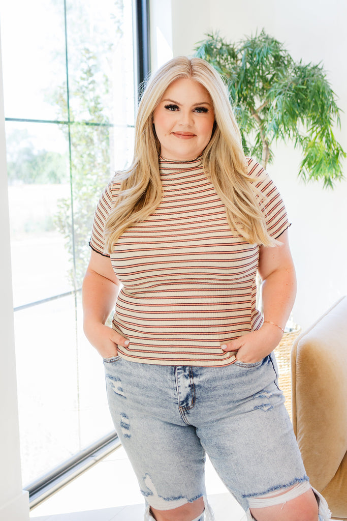 Nostalgic Note Striped Mock Neck Top-Womens-Timber Brooke Boutique, Online Women's Fashion Boutique in Amarillo, Texas