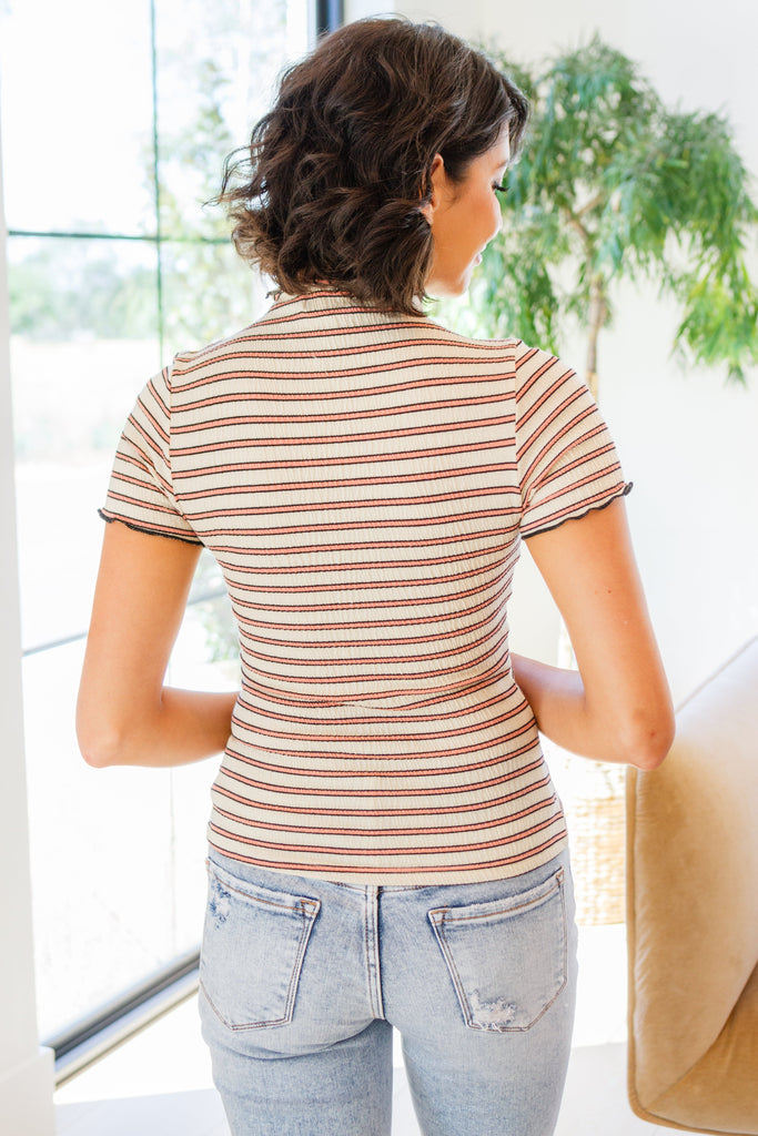 Nostalgic Note Striped Mock Neck Top-Womens-Timber Brooke Boutique, Online Women's Fashion Boutique in Amarillo, Texas